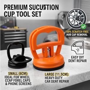 Può includere: Un set di utensili a ventosa premium composto da una ventosa grande arancione e una piccola nera. Il testo recita: PREMIUM SUCUTTON CUP TOOL SET, 100% SCRATCH-FREE HUB CAP REMOVAL, EASY DIY DENT REPAIR, SMALL (6CM), LARGE (11.5CM).
