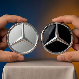 Mercedes 75mm Wheel Center Caps, Gloss Black, Textured Silver Hubcaps (Set of 4)