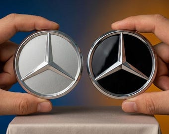 Mercedes 75mm Wheel Center Caps, Gloss Black, Textured Silver Hubcaps (Set of 4)