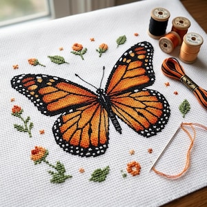 Puede incluir: Un proyecto de punto de cruz terminado con una mariposa monarca con alas naranjas y negras, rodeada de pequeñas flores y hojas bordadas. También se ven carretes de hilo y una aguja con hilo naranja, lo que sugiere un proyecto de manualidades.