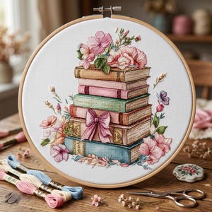 May include: A cross-stitch embroidery hoop featuring a stack of books adorned with pink flowers and a pink bow. The books are in various colors, including tan, pink, green, and blue. Embroidery floss and scissors are visible in the foreground.