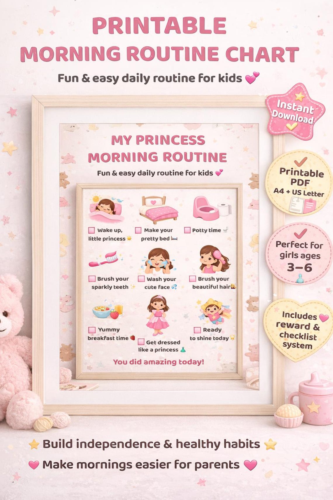 Printable Morning Routine Chart for Kids | Princess Routine Checklist ...