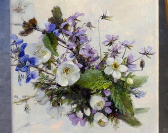 Origineel bloemenolieverfschilderij – Wildflower-boeketmuurkunst, botanisch kunstwerk