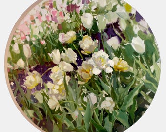 Origineel olieverfschilderij tulpen – Ronde bloemencanvaskunst, impressionistische lentebloemen