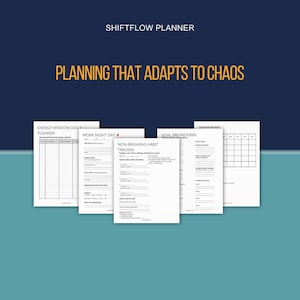 Könnte beinhalten: Eine Sammlung weißer Planerseiten mit schwarzem Text, darunter "Energy Window Daily Planner", "Work Night Day" und "Non-Breaking Habit Tracker". Der Text "SHIFTFLOW PLANNER" und "PLANNING THAT ADAPTS TO CHAOS" steht oben.
