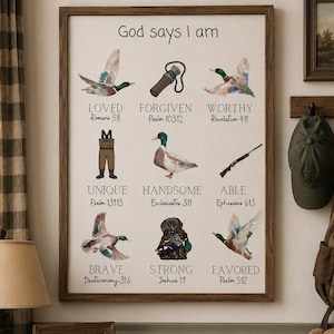 以下が含まれることがあります： God says I amというタイトルの額入りウォールアート。マガモ、ダックコール、ウェーダー、ショットガン、犬などの9つのイラストが描かれています。各画像には、黒い文字で説明的な単語と聖書の節の参照が添えられています。