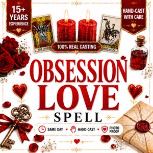Könnte beinhalten: Eine Grafik mit dem Text OBSESSION LOVE SPELL, zwei roten Kerzen, zwei Tarotkarten, einer Glasflasche mit roter Flüssigkeit, einem Metallschlüssel mit rotem Band und einem versiegelten Umschlag. Der Text enthält 15+ YEARS EXPERIENCE, 100% REAL CASTING, HAND-CAST WITH CARE, SAME DAY, HAND-CAST und PHOTO PROOF.