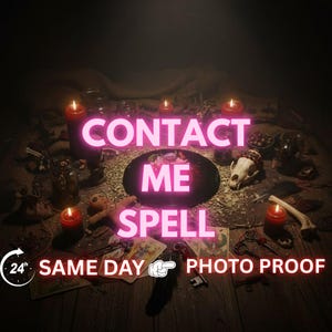 Puede incluir: Una escena mística con un disco de vinilo central y las palabras "CONTACT ME SPELL" en rosa brillante. La imagen incluye velas, una calavera, llaves y otros objetos rituales, con el texto "SAME DAY PHOTO PROOF".