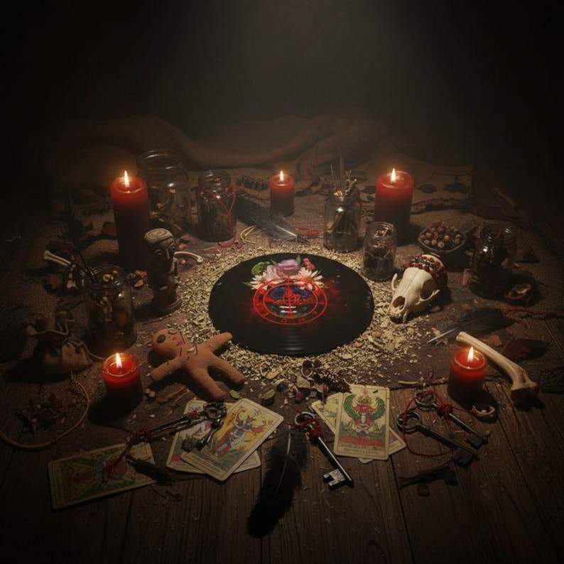 May include: A dark ritualistic arrangement featuring a central black vinyl record with a floral and circular red emblem, surrounded by red candles, glass jars, a small doll, tarot cards, metal keys, a bone, and scattered dried herbs on wood.