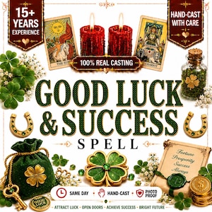 May include: A Good Luck & Success spell kit featuring two red candles, tarot cards, a green velvet pouch with a gold clover, a glass jar with herbs, a gold clover charm, a scroll with text, and gold coins, all decorated with clover imagery.
