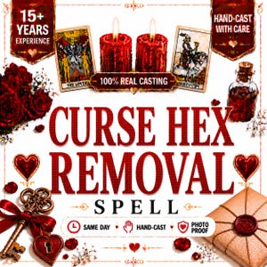 May include: A graphic advertisement for a curse hex removal spell featuring two red candles, tarot cards, a vintage key, and red roses. Text includes 15+ YEARS EXPERIENCE, HAND-CAST WITH CARE, 100% REAL CASTING, CURSE HEX REMOVAL SPELL, SAME DAY, and PHOTO PROOF.