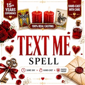 May include: A promotional graphic featuring the text "TEXT ME SPELL" with two red pillar candles, two tarot cards labelled "THE LOVERS" and "KNIGHT OF CUPS," a glass bottle of red liquid, a metal key with a red ribbon, and red roses.