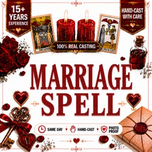 May include: Two red wax candles, two tarot cards labeled The Lovers and The Two of Cups, a glass bottle, a metal key with a red ribbon, and a sealed envelope. Text reads 15+ YEARS EXPERIENCE, 100% REAL CASTING, MARRIAGE SPELL, SAME DAY, HAND-CAST, PHOTO PROOF.