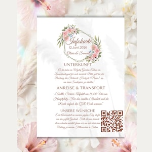 May include: A rectangular wedding information card featuring a floral border of pink hibiscus and white flowers. The text includes Infokarte, 12.Juni.2026, Olivia & Samuel, Unterkunft, Anreise & Transport, and Unsere Wünsche, accompanied by a brown QR code.