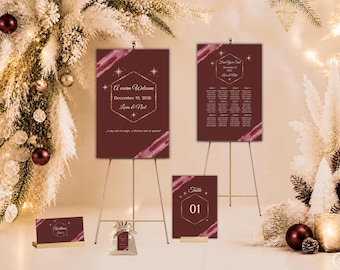 Winter Wedding Stationery Set Burgundy Champagne Gold | Welcome Sign & Seating Chart | Table Number | Place Card | Favor Tag | Canva