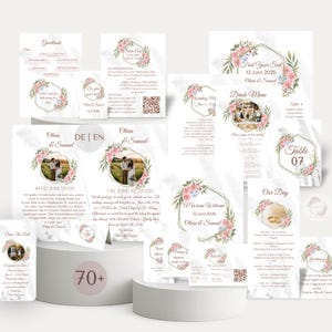 Könnte beinhalten: Eine Sammlung von Hochzeitspapeterie mit floralen und geometrischen Designs. Das Set beinhaltet Einladungen, Menüs und Tischkarten. Die Farbpalette umfasst zarte Rosa-, Grün- und Weißtöne, mit dem Text "Olivia & Samuel" und "70+".