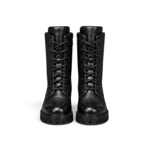 May include: A pair of black mid-calf boots featuring a lace-up front with matching black laces, silver-toned metal eyelets, a rounded toe cap, and a thick, lugged rubber sole. The boots have a smooth finish and a structured, tall shaft design.