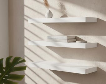 Set of 3 White Floating Shelves – Invisible Bracket Wood Storage for Home Organizer