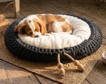 Adjustable Chunky Knit Dog Bed, Boho Pet Basket, Handmade Crochet Puppy Bed