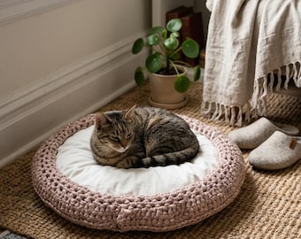Luxury Handmade Crochet Dog & Cat Bed – 100% Cotton, Washable Cozy Round Pet Nest
