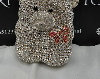 Bolso de mano con forma de osito de peluche de cristal / Bolso de noche con pedrería, bolso brillante dorado y plateado