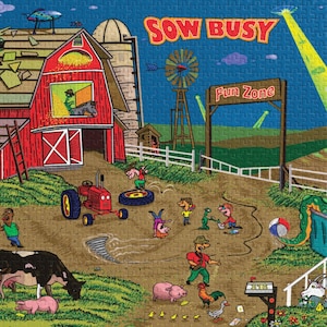 SOW BUSY farm filled fun with Aliens overhead and nearby Jigsaw puzzle with tin