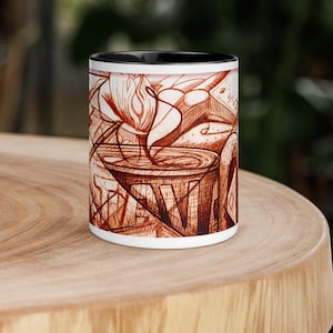 Peut inclure: Un mug en céramique blanche avec un intérieur et un bord noirs, orné d'une illustration détaillée à l'encre brune représentant une tasse de café fumante, des lignes géométriques abstraites et le mot "LOVE" écrit en lettres stylisées.