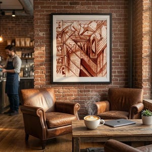 May include: A framed abstract wall art piece featuring geometric shapes and lines in shades of brown and white, displayed on a brick wall above two brown leather armchairs, a wooden coffee table, a steaming coffee mug, and a laptop.