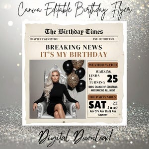 May include: A Canva editable birthday flyer template designed as a newspaper titled The Birthday Times. It features a person in a black dress sitting on a silver throne with black and leopard print balloons. Text includes Breaking News It's My Birthday.