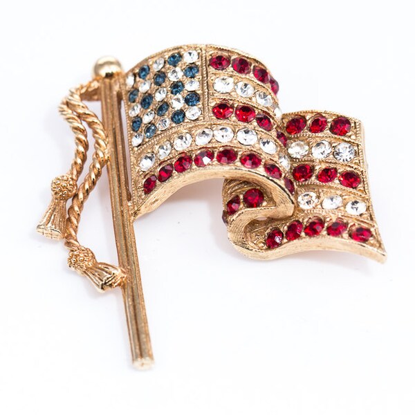 Vintage Rhinestone Napier Waving American Flag Pin