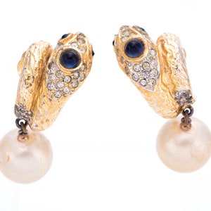 Boucles d’oreilles clips Vintage serpent lové Kenneth Jay Lane fausses perles et strass