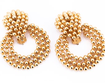 Vintage Gold Plated Beaded Door Knocker Clip Statement Earrings
