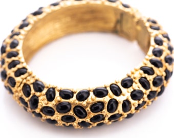 Vintage Kenneth Jay Lane Onyx Cabochon Hinged Statement Bangle Bracelet