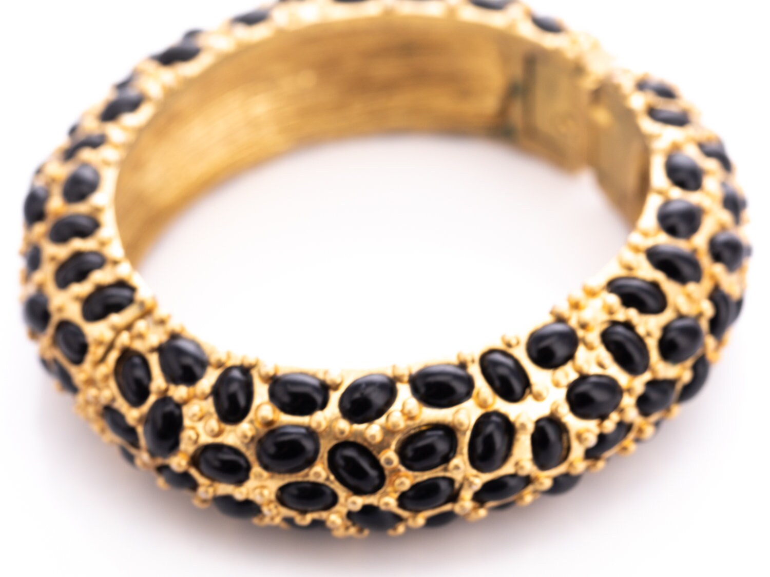 Vintage Kenneth Jay Lane Onyx Cabochon Hinged Statement Bangle Bracelet