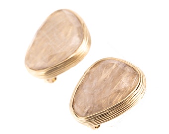 Vintage Steven Vaubel 14K Gold Plated Rutilated Quartz Clip Statement Earrings