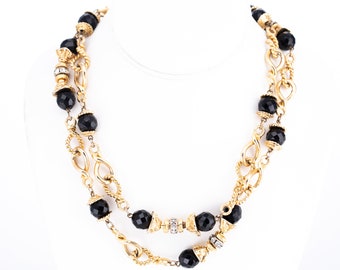 Vintage Black Onyx Glass, Rhinestone, and Gold Plated Chain Necklace