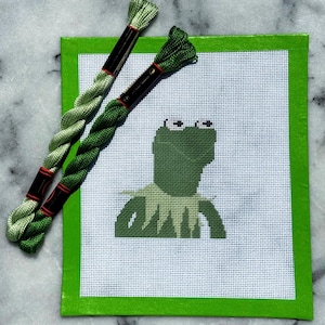 Smirking Green Frog Puppet (Kermit-Inspired) printed needlepoint canvas