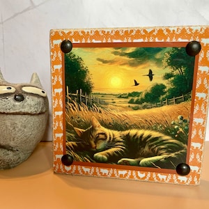 Handmade Wooden Sign, Shelf Sitter or Tiered Tray Decor - Cute Cat Sleeping in Field - 4.75&quot; W x 4.75&quot; H