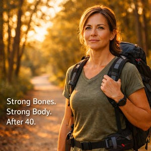 May include: A woman wearing an olive green V-neck shirt and a black backpack walks on a path through a sunlit forest. The text "Strong Bones. Strong Body. After 40." is displayed on the left side of the image.