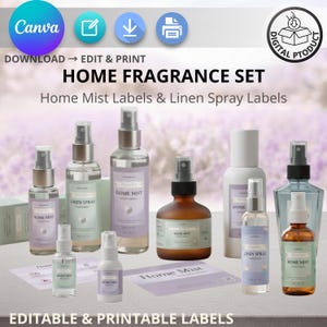 May include: An assortment of home fragrance bottles and labels. The bottles are in various sizes, shapes, and colours, including clear, frosted, and amber glass. Labels read "Home Mist" and "Linen Spray". The text "HOME FRAGRANCE SET" and "EDITABLE & PRINTABLE LABELS" are also visible.