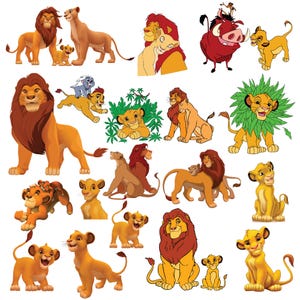 May include: A collection of cartoon illustrations featuring lions and lion cubs in various poses. The lions have golden-yellow fur, with some featuring red manes. The images include adult lions, cubs, and scenes with multiple characters.