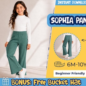 May include: Sophia Pants sewing pattern for sizes 6M-10Y. The image shows a pair of green ribbed pants with a flared leg and lettuce-edge hem, paired with a white long-sleeve top. Includes a circular inset showing the back view of the pants.