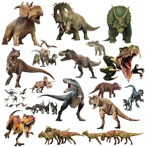 Peut inclure: Plusieurs illustrations de dinosaures, dont des Tricératops, des Tyrannosaurus Rex et d'autres créatures préhistoriques. Les dinosaures sont représentés dans diverses couleurs et poses, avec des textures et des expressions détaillées.