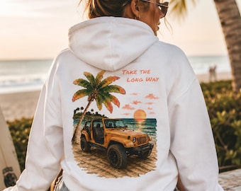 Strandhuvtröja med kustjeep, tröja med solnedgång och vykort, tröja med tropisk roadtrip-motiv, överdimensionerad strandhuvtröja med grafisk design