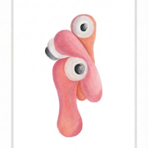 May include: Digital art print featuring abstract shapes in shades of pink and orange, resembling stylized eyes. The artwork has a whimsical feel, with the text "online store" and artist information at the bottom. Limited edition digital art.