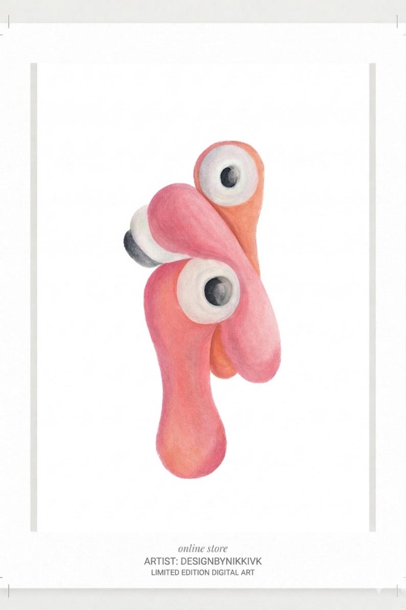 May include: Digital art print featuring abstract shapes in shades of pink and orange, resembling stylized eyes. The artwork has a whimsical feel, with the text "online store" and artist information at the bottom. Limited edition digital art.