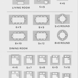 May include: Diagram of furniture layouts for living rooms, dining rooms, and bedrooms. Includes dimensions in feet for various arrangements, such as a 5x9 living room layout and a 6x9 dining room layout.
