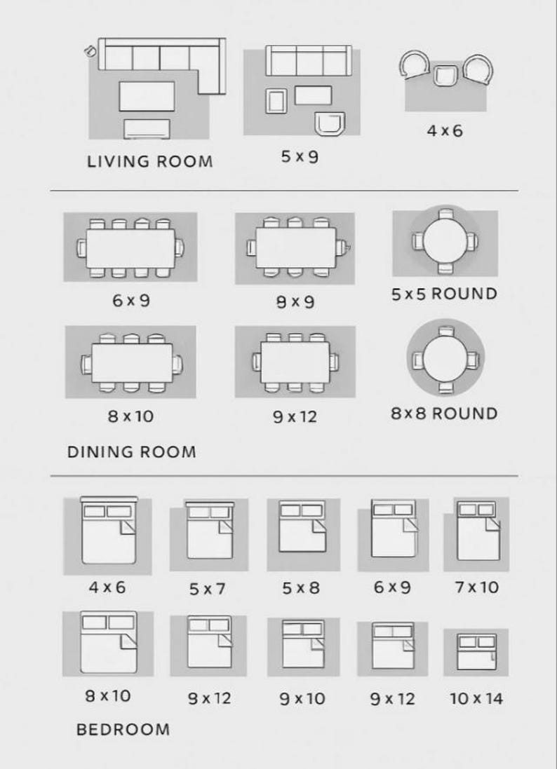 May include: Diagram of furniture layouts for living rooms, dining rooms, and bedrooms. Includes dimensions in feet for various arrangements, such as a 5x9 living room layout and a 6x9 dining room layout.