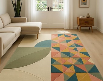 Mid Century Modern Geometric Area Rug, Bauhaus Style Colorful Abstract Carpet, Tufted Funky Rug for Bedroom, Contemporary Art Deco Floor Mat