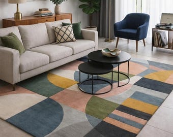 Hand Tufted Bauhaus Wool Area Rug, Colorful Abstract Geometric Carpet